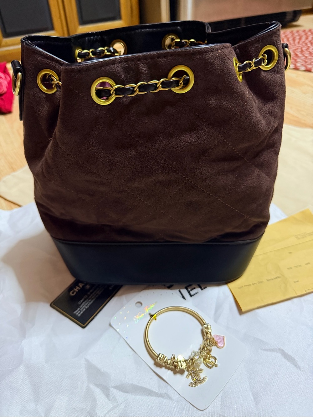 Brown Suede & Black Leather Drawstring Shoulder Bag with Gold Hardware - Picture 2 of 4